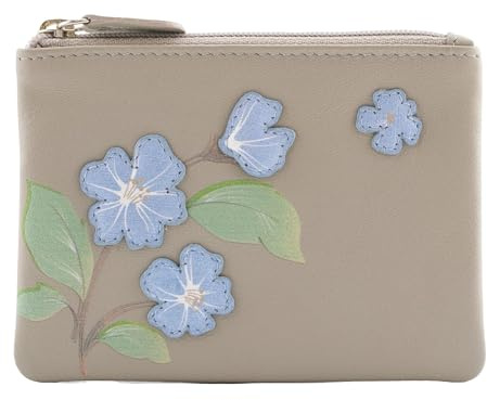 Mala Leather Sakura RFID Card & Coin Purse – Genuine Leather Floral Appliqué Zip Pouch (Grey)