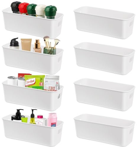 autumndeer 8 pack Narrow Storage Box, Small White Plastic Storage Basket, with Handle Rectangular Stackable Cupboard Organiser for Kitchen, Bathroom Cabinet, Drawers, Fridge, Office, School and Home