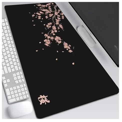 HUANGSHIJUNOUS Kirschblüten-Mauspad, XXL, grau, for Laptops, Gaming, Schreibtischunterlage, Sakura-Mauspad, Anime-Büro-Teppich, Gamer-Tastatur, Computer-Schreibtische(Black-8,400X900X5MM)