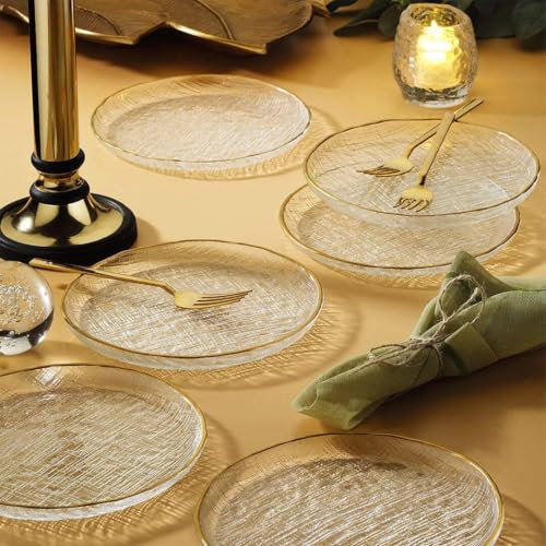 Fecra Chanel 6 Piece Glass Dessert Plates Serveware Set 16cm, Clear/Gold