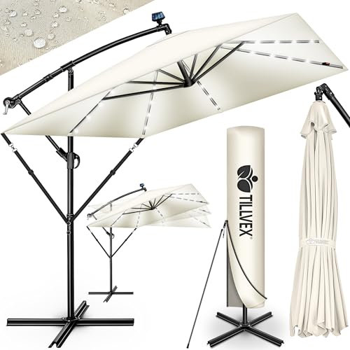 tillvex® Sombrilla de Jardín Rectangular Ø 330 cm con Manivela + Funda con Manivela | Sombrilla con soporte & Protección Viento | Parasol mercado impermeable + Protección UV (Beige - con LED)