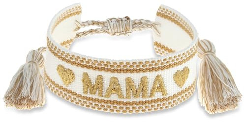 Made by Nami Gewebtes Armband Damen mit Schriftzug in verschiedenen Varianten Glücksbringer Freundschaftsarmband Geschenke für Frauen Geschenke für Mama (Weiß - Mama)