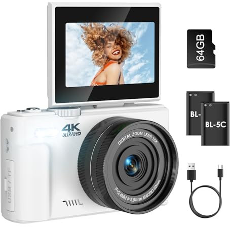 5K Digital Camera, LAMA 75MP Autofocus Compact Vlogging Camera with 64G SD Card with 3.0 Inch 180° Flip Screen, 18X Digital Zoom Camera for All Ages, White