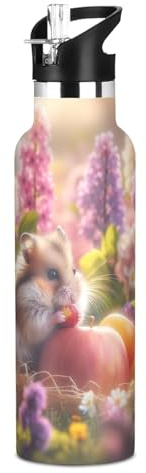 Cute Hamster Hydrangea Water Bottles for Kids Girls Double Wall Vacuum Insulated Water Bottle Stainless Steel Tumbler Travel Cup with Straw Lid for Hot or Cold Drinks 20oz