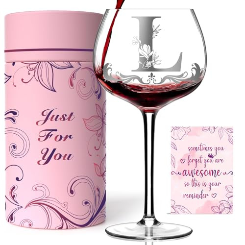 Personalisierte Weingläser für Frauen – mit Gravur, originelles Geschenk zum Geburtstag oder Weihnachten für Mama, Ehefrau, Schwester, Tochter oder Freundin (Buchstabe L)