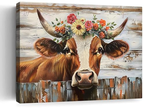 AIHNBF Bauernhof Kuh Leinwandbild mit Blumenkranz, Rustikale Tier-Kunstdruck Wanddeko für Wohnzimmer Schlafzimmer, Shabby Chic Holz Optik Malerei, 20 x 30 cm