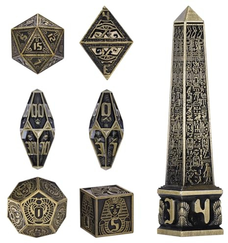 Neteru Würfel-Set, ägyptische Götter, Metall, DND-Würfel-Set, 7-teilig, polyedrisches RPG-Würfel, für Dungeons und Drachen, Sammlergeschenk, D20, D12, D10, D00, D8, D6, D4 (Messing)