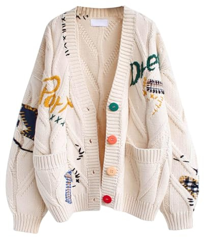 Cardigans for Women UK, Loose Fit V Neck Button Down Chunky Cable Knit Sweater Cardigan with Pockets, Colourful Embroidery Ladies Knitwear for Autumn Winter Everyday