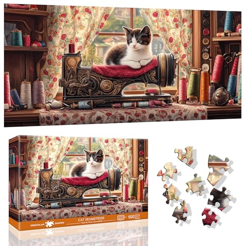 VAIIEYO Cat Jigsaw Puzzles for Adults 1000, Animal Sewing Machine Jigsaw Puzzles, Puzzles for Adults, Fun & Challenging Colorful Puzzles, Family Time, Great Gift Idea, Finished Size 41 x 80 cm