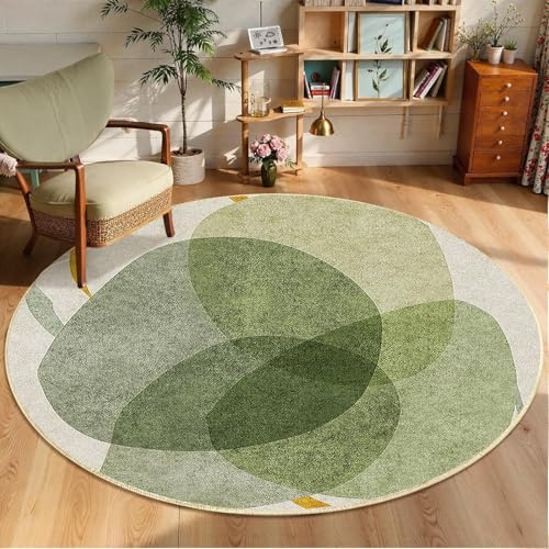 Yunhan Tappeto Rotondo per Soggiorno, Lavabile in Lavatrice, Antiscivolo e Pelo Basso | Tappeto Geometrico Astratto per Camera da Letto, Ø 100 cm, Verde Salvia e Beige