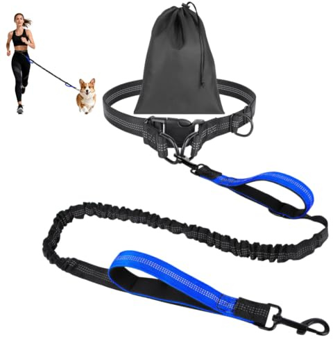 OFFCUP Hands Free Hundkoppel med Vässkor, Hundspringskoppel med Justerbar Midjebälte och Dubbelhandtag för Promenad, Vandring, Träning, Jogging, Midjekoppel med Reflekterande Stötar (Mörkblå)