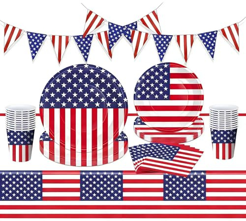 Bandiera americana Forniture per feste Bandiera americana Set da tavola per feste Bandiera USA Banner Piatti Bicchieri Tovaglioli Tovaglia Rosso Bianco e Blu Bomboniere America Famiglia Riunione