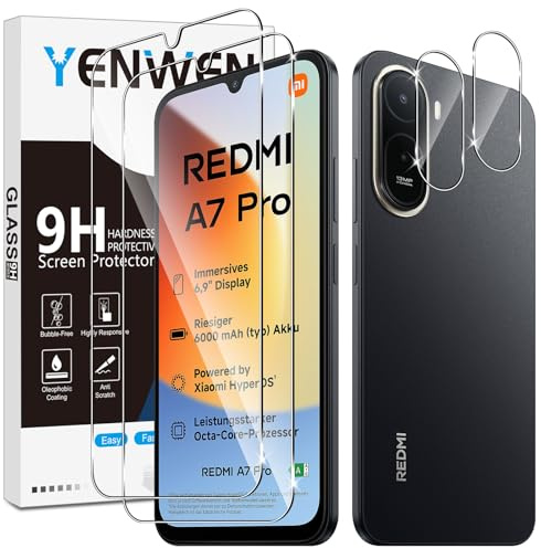 Yenwen für Panzerglas für Xiaomi Redmi A7 Pro 4G Schutzfolie, 2 Stück Displayschutz mit 2 Stück Kameraschutz Glas, 9H Härte Schutzglas Handy Folie HD Klar Panzer Schutz Glas