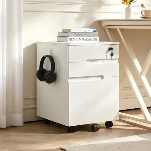 TUKAILAI Rollcontainer abschließbar mit 3 Schubladen Mobiler Aktenschrank | Holz, Auf Rollen und Haken, Für Akten Dokumente, Unterschrank Schreibtisch,Büro Homeoffice,Weiß, 40cm