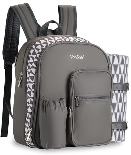 VonShef Picnic Backpack, 2 Person Grey Picnic Bag with Full Dining Set, Insulated Cooler Compartment & Large Waterproof Picnic Blanket, Lightweight Water Resistant Camping Accessories