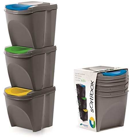 KrysGo 20 Litre Large Stackable Recycling Sorting Colour Coded Plastic Bins with Hinged Lids (Grey, Set of 3)