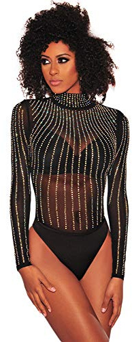 NBBNYJ Overalls Damen Body Sexy Schwarz Mesh Silberbesetzter Langarm Bodysuit Leotard Sommer Top Rompers Jumpsuit