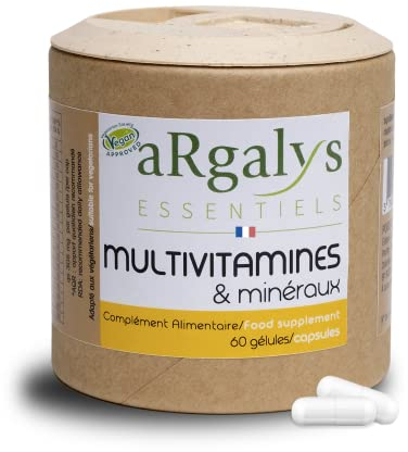 Multivitamines et minéraux (2 mois) - 20 Nutriments - Vitamines A, B, C, D3, E, K1 et H - Iode, Sélénium + Magnésium - Homme/Femme - Vegan - 60 gélules fabriquées en France - Argalys Essentiels