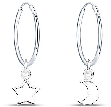 925 Silber Ohrringe Damen Creolen mit Anhänger Mond und Stern Ohrhänger Kreolen Durchmesser 16mm Ohrringe für Frauen und Mädchen