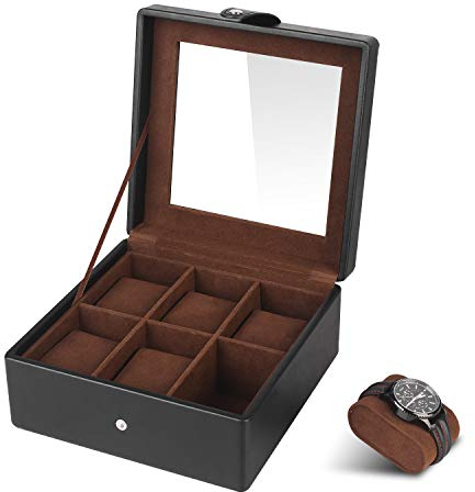 SHYOSUCCE 6 Fächer Uhrenbox mit Transparent Glasdeckel und Abnehmbare Samt Kissen, Uhrenkasten aus PU Leder, Schwarz(19.5x19.5x9.5cm)
