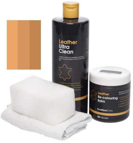 Furniture Clinic - Easy Leder Restauration Set - Leder Reiniger und Farbauffrischung Balsam - Kratzer Abschürfungen Ausbleichungen – Autositze, Sofas, Bekleidung, Schuhe und Taschen (Camel)