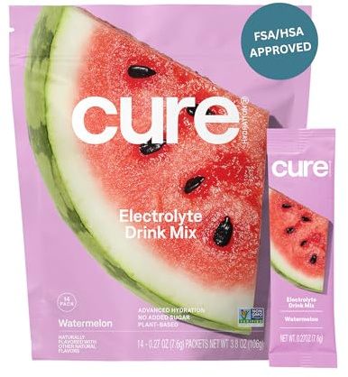 Cure Hydration | Plant-Based Electrolyte Drink Mix | No Added Sugar | FSA-HSA | Dehydration Relief Powder Made with Coconut Water | Non-GMO | Vegan | Pouch of 14 Packets - Watermelon
