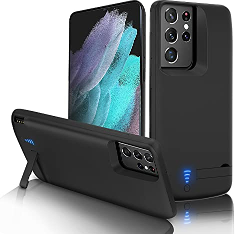 Gladgogo Batteria per Samsung Galaxy S21 Ultra, 5000mAh - Cover Ricaricabile con Cavalletto, Power Bank e Case di Caricabatteria