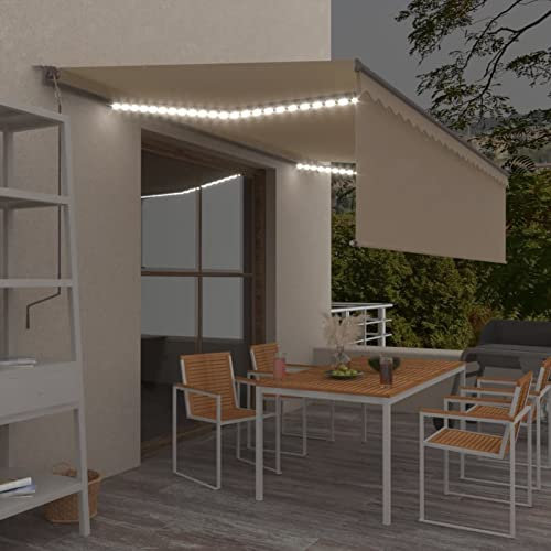 Susany Tenda Automatica Parasole Sensore Vento e LED, Tendalino a Scomparsa con Manovella, Tende da Sole per Esterno, Tende per Balcone 5x3m Crema