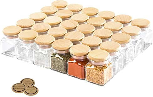 GIESSLE® 30x kleine 7,5cm hohe Gewürzgläser mit Deckel aus Holz Gewürzgläschen Set Gewürzdosen klein aus Glas