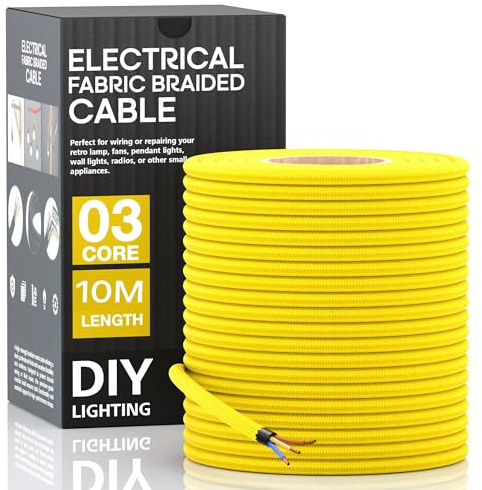 LEDSone 10 Meter 3 Core Electrical Round Wire Industrial Pendant Light Wires Flexible Round Electrical Cord Fabric Covered Lamp Wire for Earthed Pendant Lights with Durable & Stylish (Yellow)