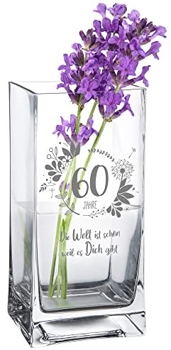 Casa Vivente Vase zum 60. Geburtstag mit süßer Gravur, Eckige Glasvase mit Alter und Spruch als Geburtstagsgeschenk für Frauen, Blumenvase für Moderne Deko