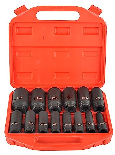 BATONECO 1/2 Drive 6 Point Deep Impact Socket Set 14 Piece 6 Point Impact Set Standard Impact Socket Set,SAE Sizes,CR-V(3/8-Inch to 1-1/14)