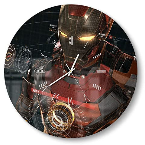 DEQORI Glasuhr | rund Ø 50 cm | Motiv Legendäre Iron Man Anzug | große XXL Design Uhr aus Glas | leise Wanduhr für Wohnzimmer & Küche | Moderne Hingucker Uhr für die Wand