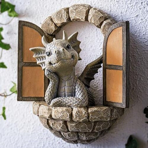Hilai Courtyard Dragon Sculpture Wall Decoration, Dragon Statues Courtyard Dinosaur Sculpture Garden Dinosaur Wall Decoration Resin Fairy Dinosaur for Tree Décor Garden Dragon Statue (Window)