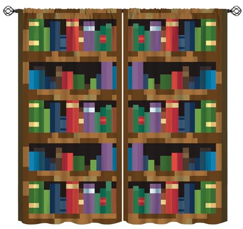 Pixelierter Bücherregal-Vorhang für Kinder, Regal mit Büchern im Pixel-Kunst-Stil, Spielkonzept, Verdunkelungsstange, Tasche, Fenster, Behandlungen, Vorhänge für Mädchen, Jungen, Schlafzimmer,