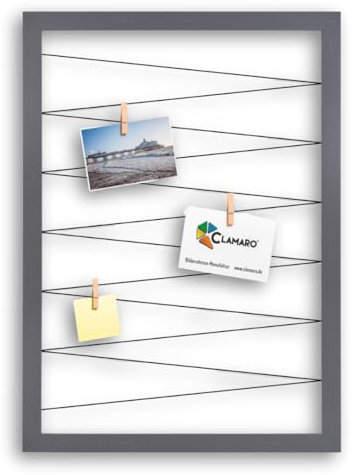 CLAMARO 'Collage Flex' Fotohalter 55x75 cm | Stahlgrau | Bilderrahmen Fotorahmen Collage mit Gummibändern und Foto Holzklammern | Ideal als Galerie für Fotos oder Postkarten