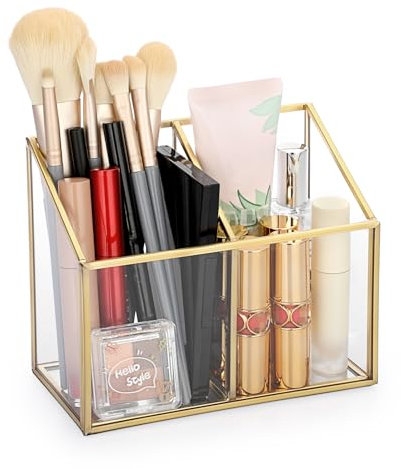 TOLIDA 2 Slots Glass Cosmetic Brushes Holder - Gold Glass Desktop Storage Holder Organzier, Pencil Holder, Remotes Container Desktop Make Up Brush Organizer, Clear Tabletop Display Holder