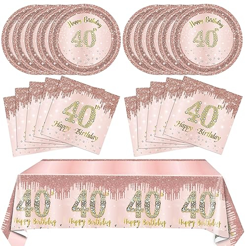 40th Birthday Decorations for Women Vintage 1985 Aged Birthday Table Disposable Tableware Rose Gold 40th birthday plates and napkins tablecloth set for women