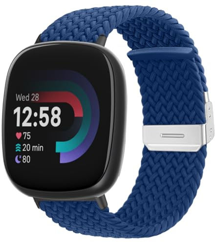 MiRowy Armband Kompatibel mit Fitbit Versa 4/Versa 3/Sense 2/Sense, Geflochtener Solo Loop Elastisches Soft Nylon Sport Ersatzband für Fitbit Versa 4/Versa 3/Sense 2/Sense, Blau
