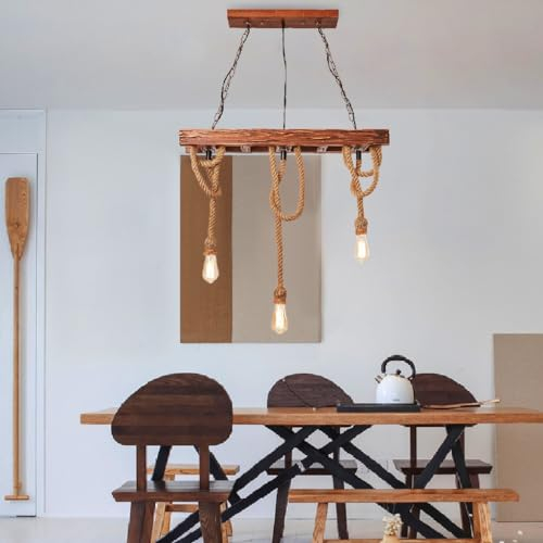 Retro Pendelleuchte Vintage E27 Hängeleuchte Esstischlampe höhenverstellbar Pendellampe Esszimmerleuchte Hanfseil Hängelampe Büro Kronleuchter Küchen Wohnzimmer Deckenleuchten 3-Flammig 80CM