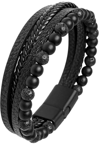 Mochity Bracelet Cuir Homme, Bracelet Perle Homme, Noir bleu Marron Bracelets Pour Hommes, Avec Boîte Cadeau (B)