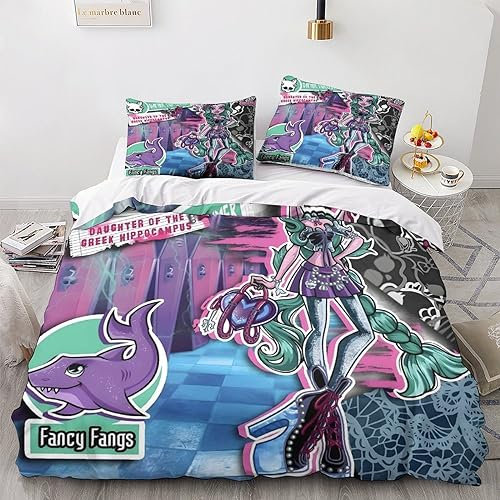 GIOSBR Monster High Housse De Couette Housses De Couettes pour Adultes Et Enfants 3D Imprimé E avec Fermeture À Glissière avec Taies Microfibr Parure De Lit 3 Pièces Double（200x200cm）