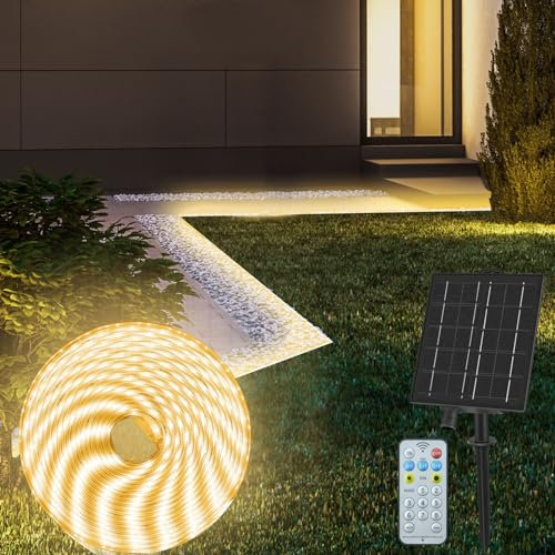 CCILAND Tira de luces LED solares de 10 m para exteriores, IP68, impermeable, con 8 modos de control remoto, regulable, flexible, para jardín, porche, patio, cenador, decoración, color blanco cálido