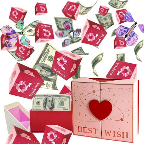 Überraschung Geschenkbox mit Fliegende Schmetterlinge Explosion, Box Pop Up Überraschungsbox Surprise Gift Box Diy FüR Weihnachten, Halloween, Geburtstag, Valentine (Liebesmuster)