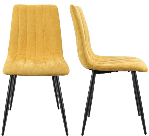 VODEHOME Esszimmerstühle 2er Set, Küchenstühle, mit Leinenstoff und schwarzen Metallbeinen, Polsterstuhl, Wohnzimmerstuhl, Gepolsterter Armlehnenloser Stuhl, Verstellbare - Gelb