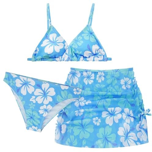 FEOYA Bikini 3 pezzi Costume da bagno da bambina con fiori o foglie, gonna estiva da spiaggia, costume da bagno, costume da bagno elasticizzato, asciugatura rapida, 140 150 160 170