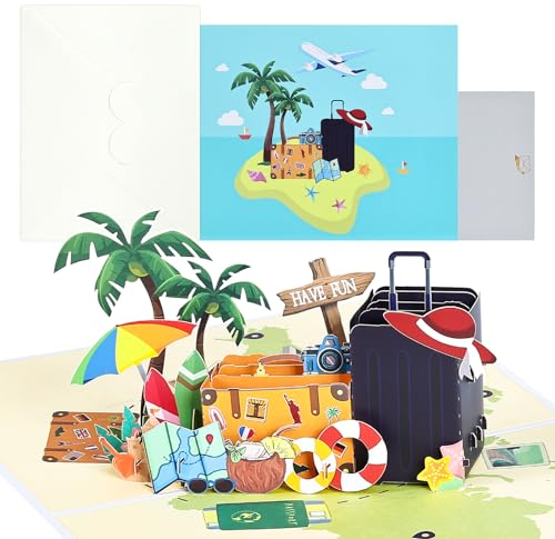 Joyoldelf Pop Up Karte Reise - Geldgeschenk Reise, 3D Gutscheinkarte für Strandurlaub, Reisekasse Geschenk Geburtstagskarte, Reisegutschein verpackung für Urlaubskasse, Flitterwochen, Geburtstag