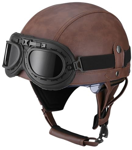 Casque Moto Vintage Casques Jet ECE Homologué Casques Bols Casque Mobylette Homme Et Femme avec Lunettes Demi-Casque De Moto Allemand Rétro Casque Ouvert pour Cruiser Scooter 11,M:57-58CM