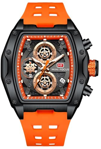 rorios Tonneau Armbanduhren für Herren Mode Multifunktional Uhr Analog Quarz Herrenuhren Punk Chronograph Uhren für Männer mit Silikon Armband Orange