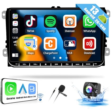 SIXWIN 2G+64G Android 13 Double Din Car Radio for VW Volkswagen Seat Golf Passat Jetta Tiguan Touran with Wireless Carplay Android Auto Bluetooth GPS Navigation WiFi FM HiFi Backup Camera MIC